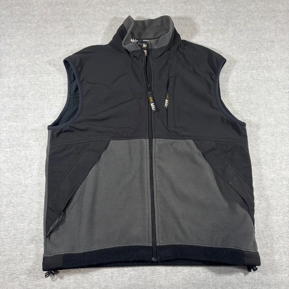 REI Mens Full Zip Fleece Vest Black Gray Colorblock Outdoor Hiking Small